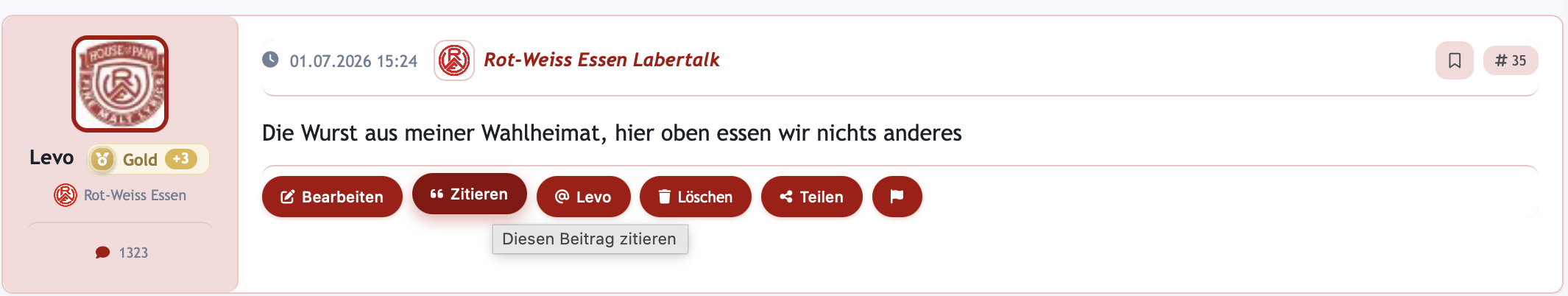 Buttons unter einem Beitrag: Bearbeiten, Zitieren, @Name, Löschen, Teilen