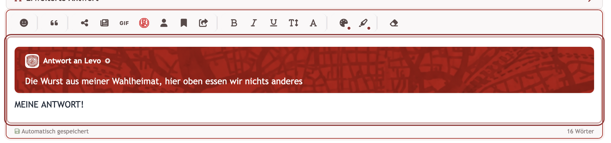 Eingefügter Zitat-Block über dem eigenen Antworttext im Editor