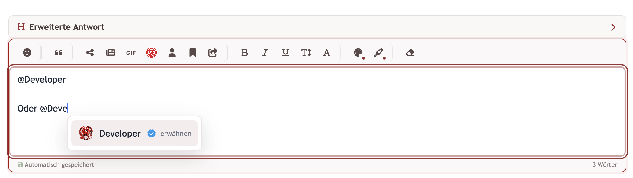 Dropdown mit Nutzervorschlag beim Tippen von @ im Textfeld