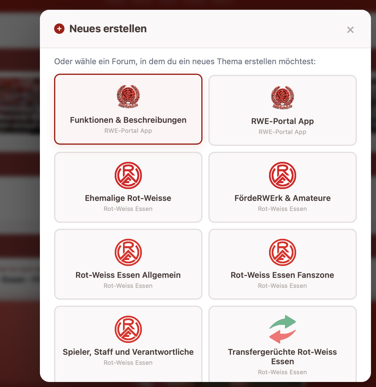 Popup 'Neues erstellen' mit Forenauswahl