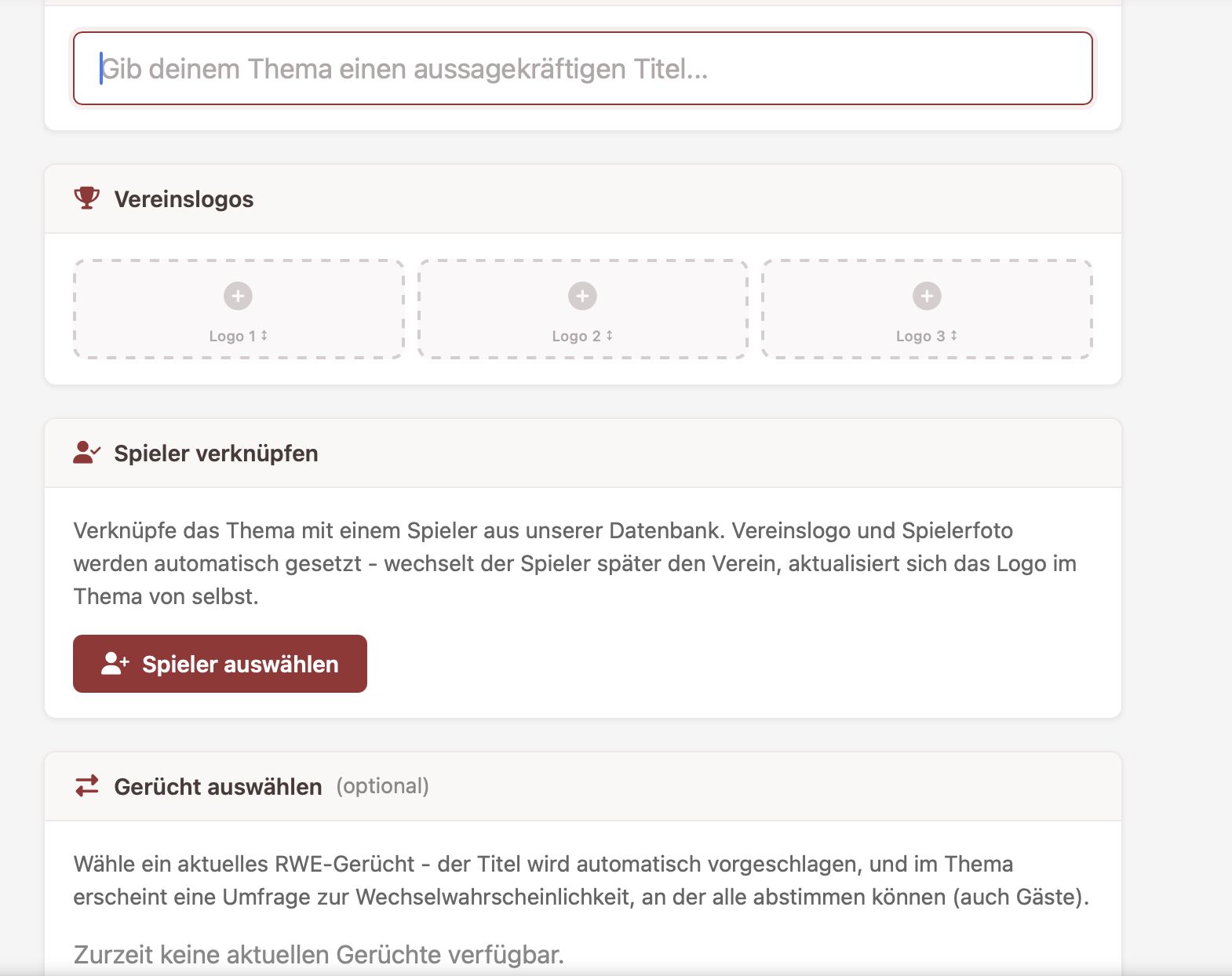 Thema-Titel-Feld und Vereinslogo-Auswahl