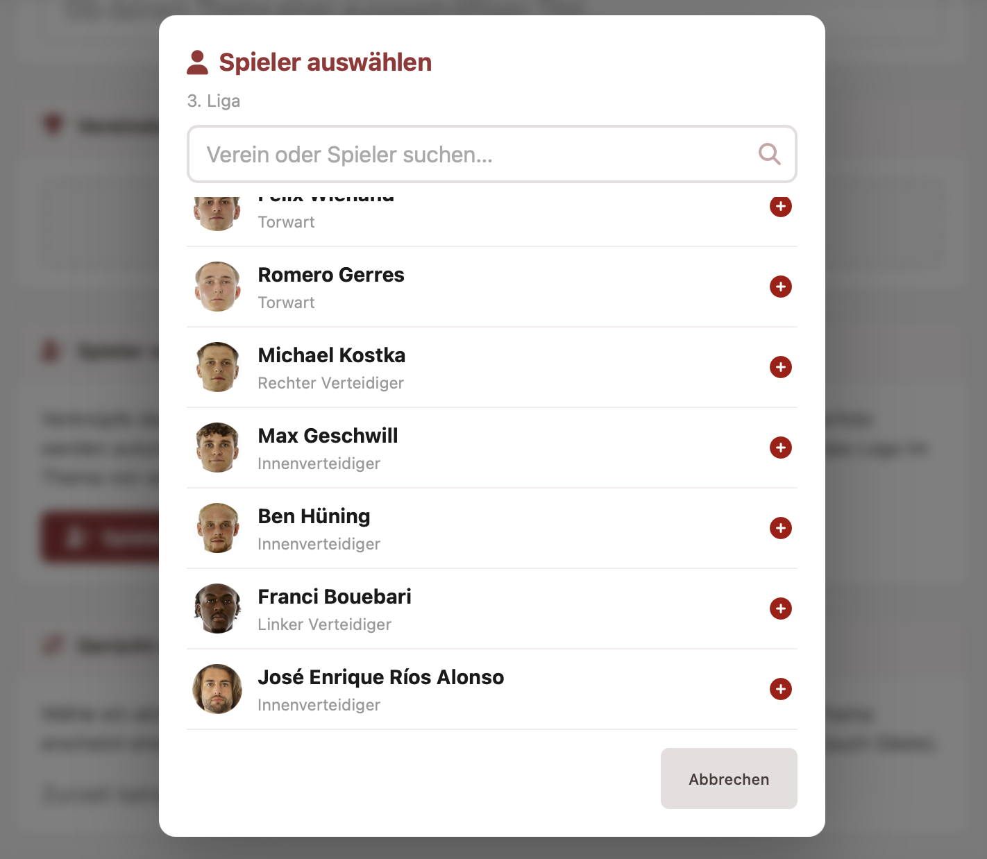 Modal 'Spieler auswählen' mit Suchfeld und Spielerliste