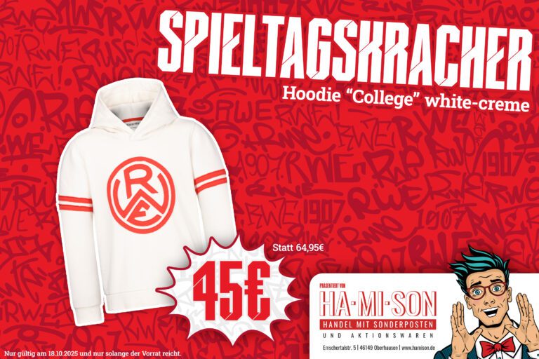 Spieltagskracher: Hoodie „College“ white-creme – Rot-Weiss Essen Spieltagskracher: Hoodie „College“ white-creme – Rot-Weiss Essen