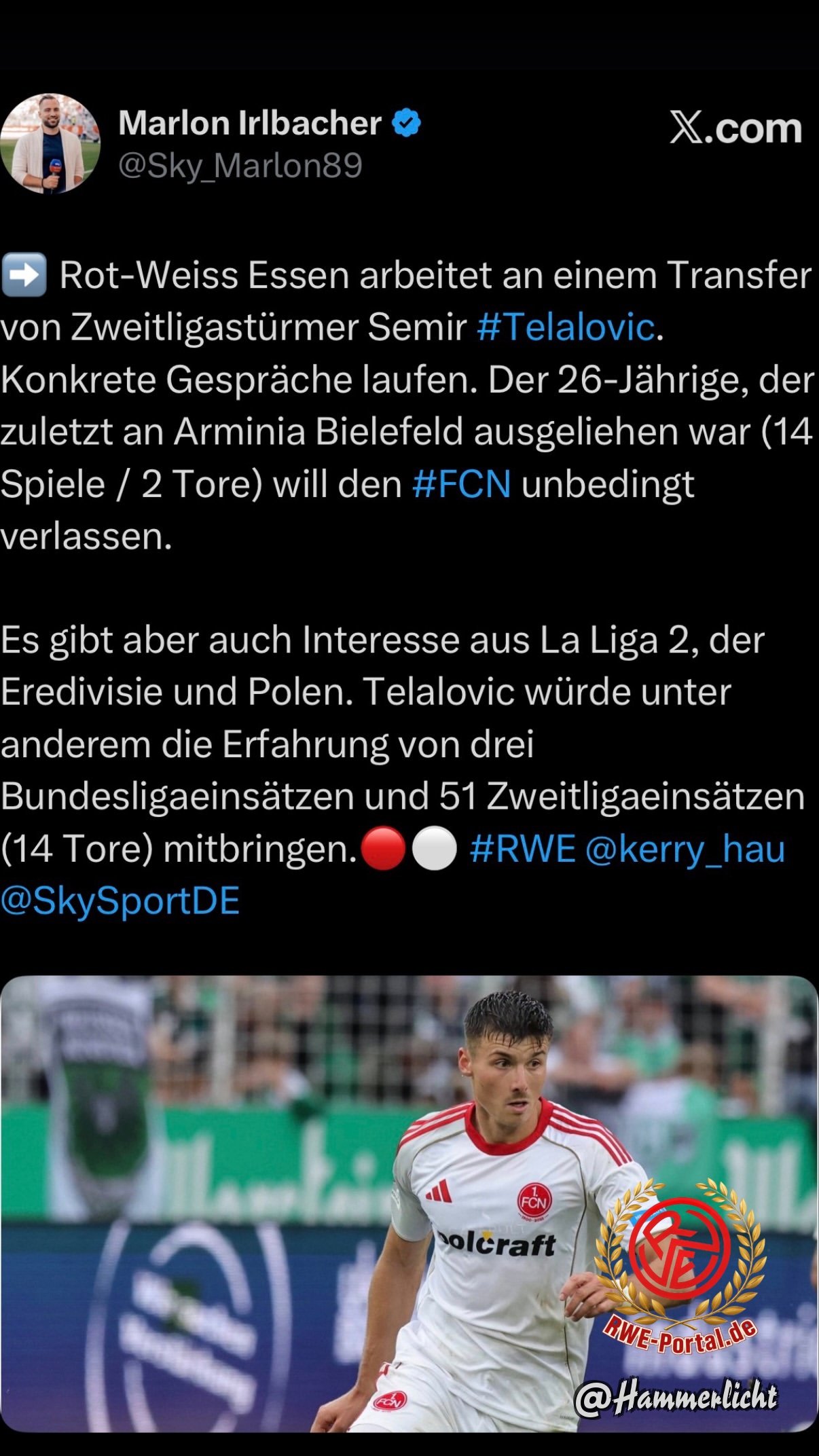 Bild von Hammerlicht im Thema Wechselt Semir Telalovic von 1.FC Nürnberg nach Rot-Weiss Essen?